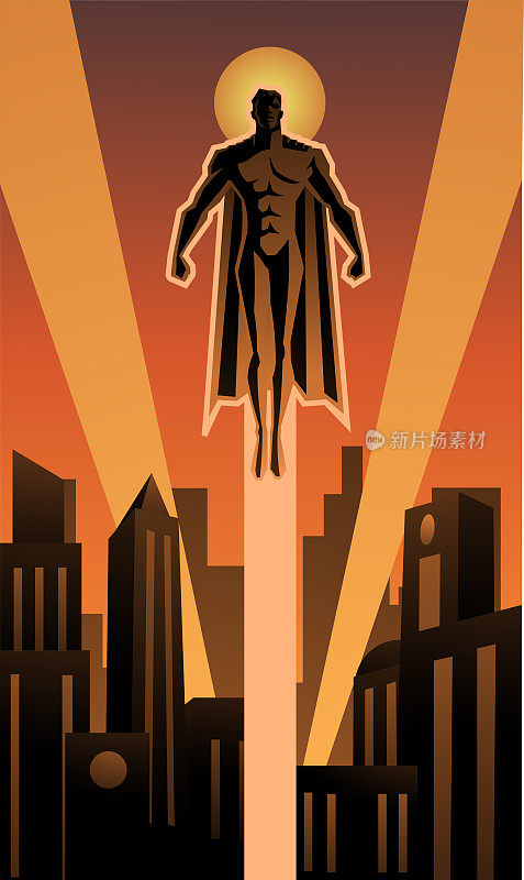 Vector Art Deco超级英雄在城市股票插图